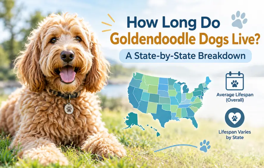 Goldendoodle dog enjoying nature, illustrating average lifespan and state-by-state breakdown in the U.S.