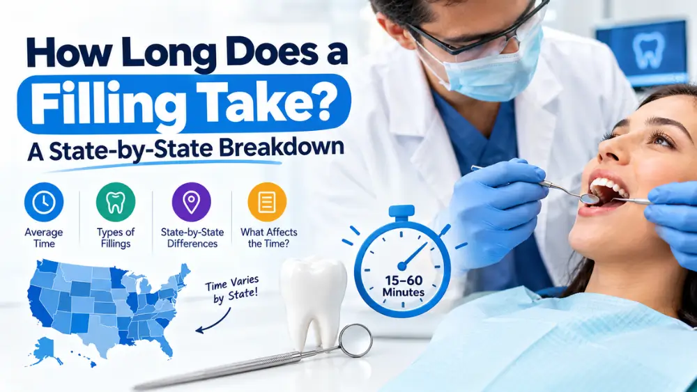 Dental filling procedure time and state-by-state breakdown of how long a tooth filling takes.