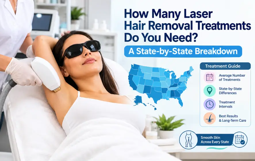 Laser hair removal treatment guide showing session needs, treatment intervals, and state-by-state breakdown.