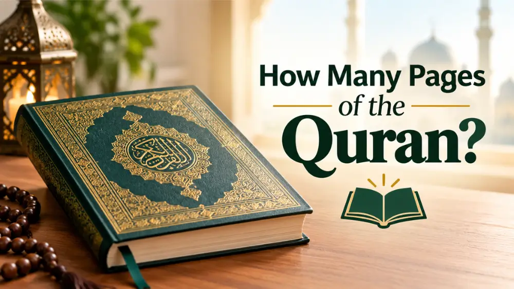 Open Quran with Islamic decor and text asking how many pages are in the Quran, in a warm calm scene.