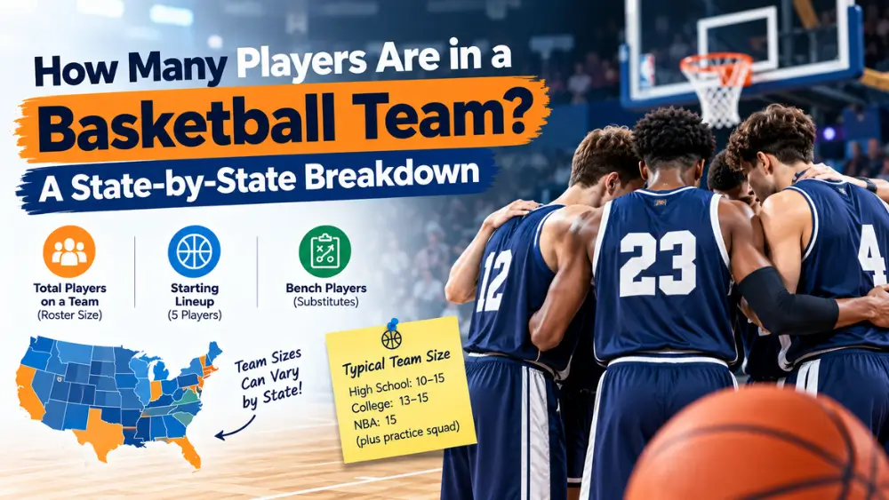 Basketball team players on court with a state-by-state roster size breakdown.