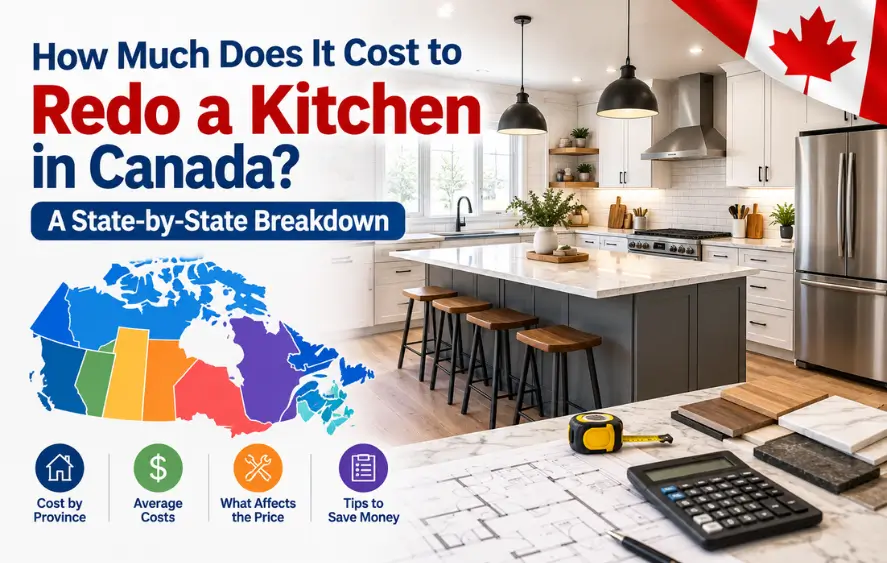 Modern Canadian kitchen renovation with provincial cost breakdown infographic.