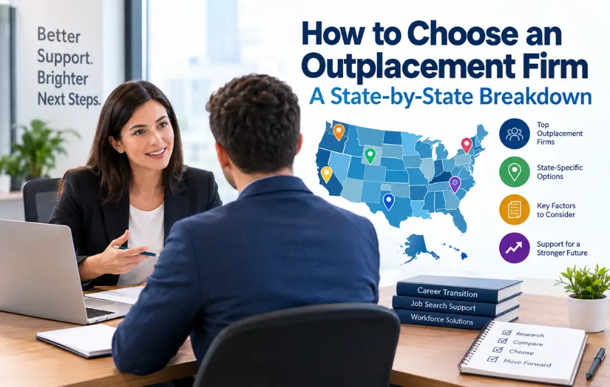 Outplacement firm selection guide with state-by-state options, career transition support, and US map.
