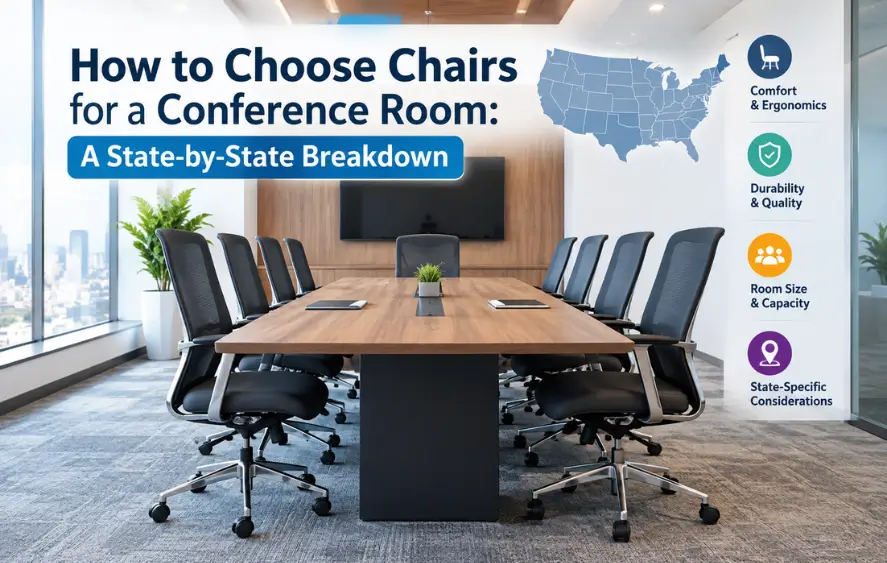Modern conference room chairs guide with ergonomic seating and state-by-state selection tips.
