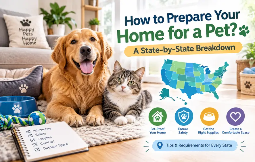 Pet-friendly home with dog and cat, showing pet-proofing tips and state-by-state preparation guide.