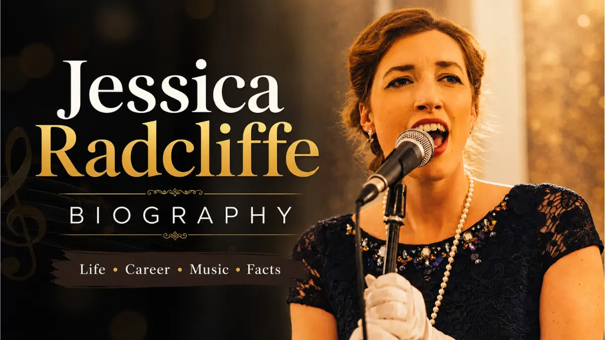 Jessica Radcliffe singing into a vintage microphone in a dark gown for her biography feature image.